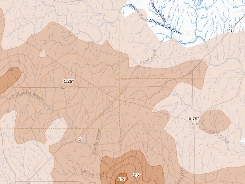 Radar-estimated hail-size map of the storm over Milton, KS on May 18, 2026