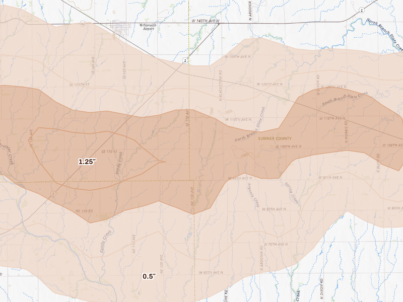 Radar-estimated hail-size map of the storm over Milton, KS