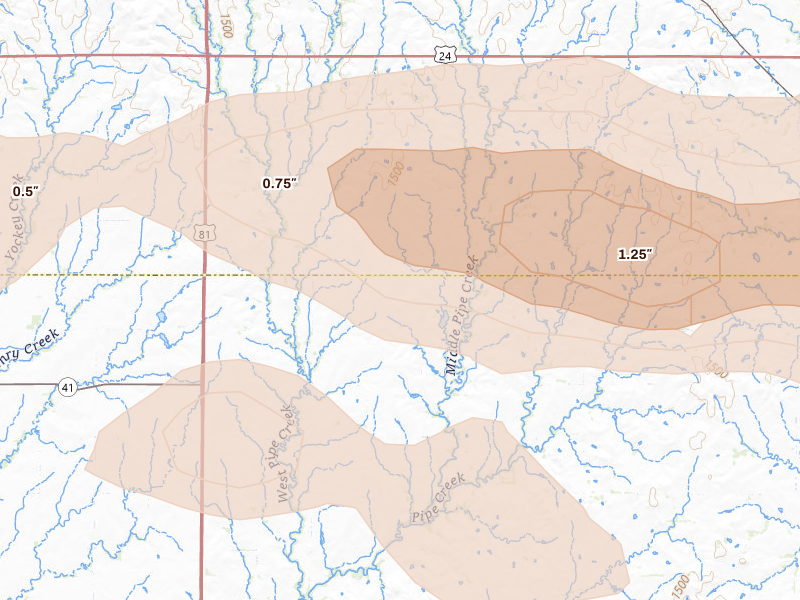 Radar-estimated hail-size map of the storm over Miltonvale, KS on Apr 25, 2026