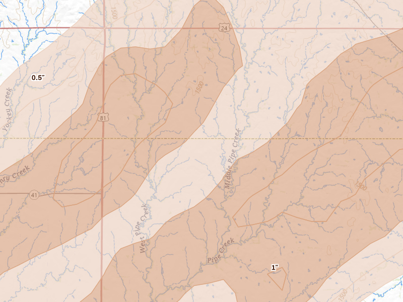 Radar-estimated hail-size map of the storm over Miltonvale, KS on May 18, 2026