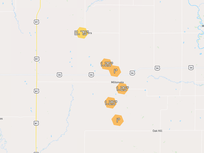 Hail map of Miltonvale, KS on Jul 4, 2026, hail up to 1.25"