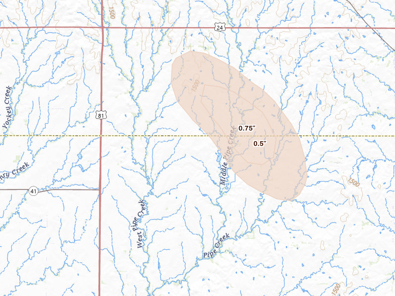 Radar-estimated hail-size map of the storm over Miltonvale, KS on Aug 21, 2026