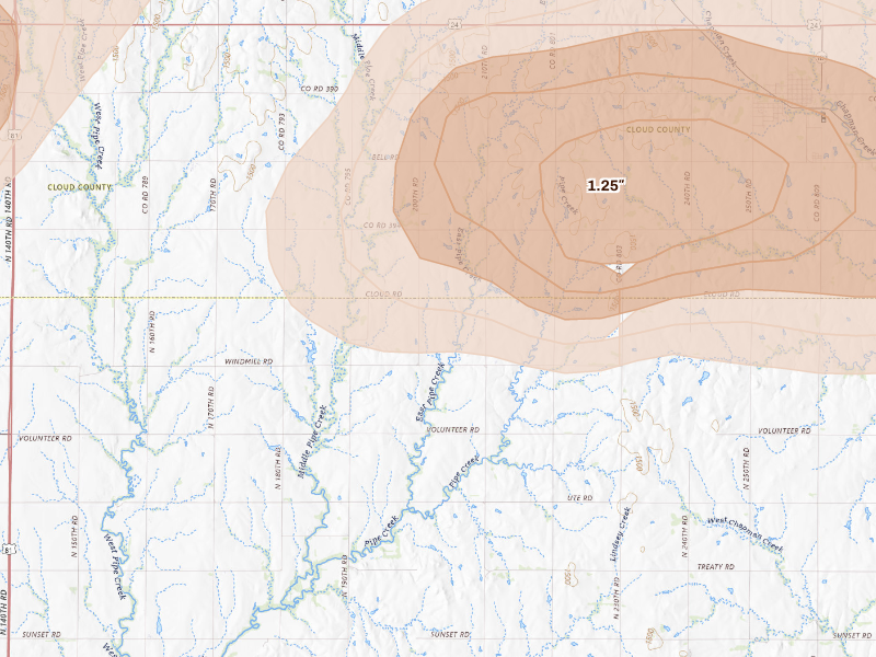 Radar-estimated hail-size map of the storm over Miltonvale, KS on Sep 19, 2026