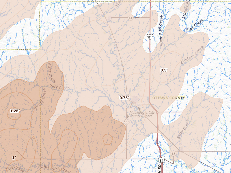 Radar-estimated hail-size map of the storm over Minneapolis, KS on May 17, 2026