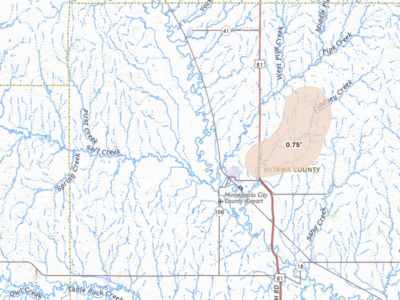 Radar-estimated hail-size map of the storm over Minneapolis, KS on Jun 1, 2026