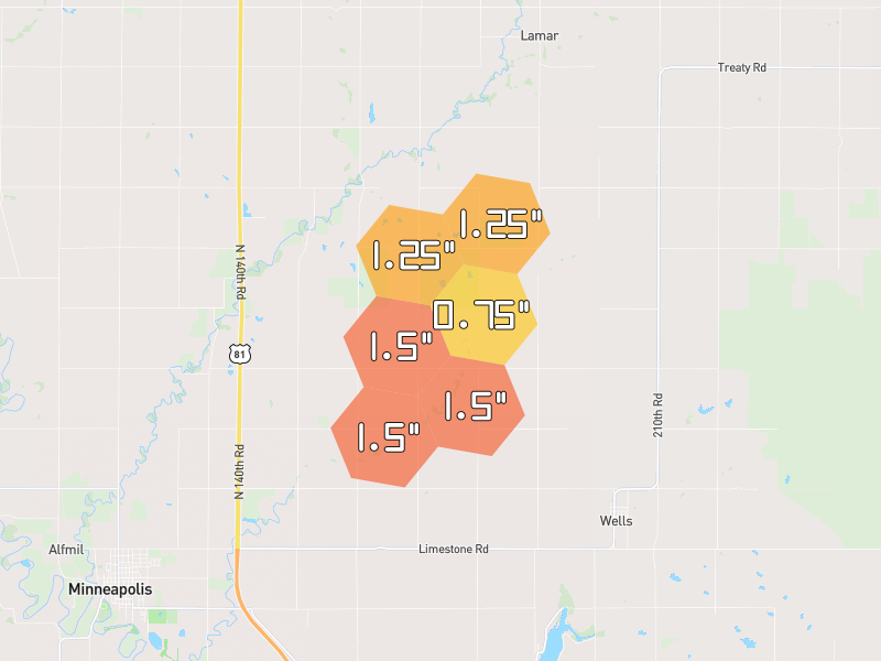 Hail map of Minneapolis, KS on Jun 2, 2026, hail up to 1.5"