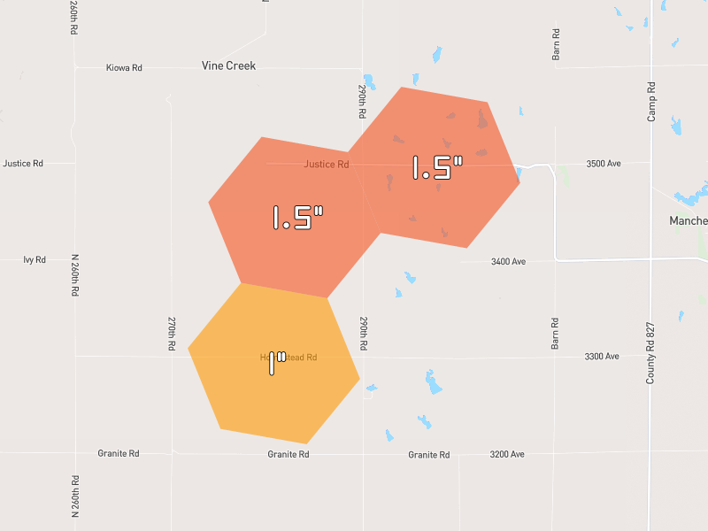 Hail map of Minneapolis, KS on Jun 4, 2026, hail up to 1.5"