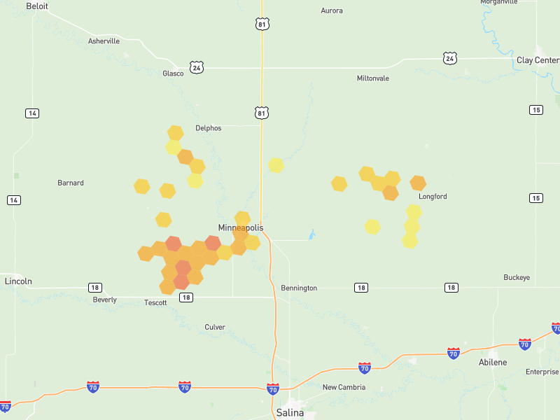 Hail map of Minneapolis, KS on Jun 9, 2026, hail up to 1.5"