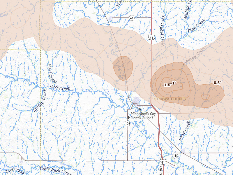 Radar-estimated hail-size map of the storm over Minneapolis, KS on Jul 3, 2026