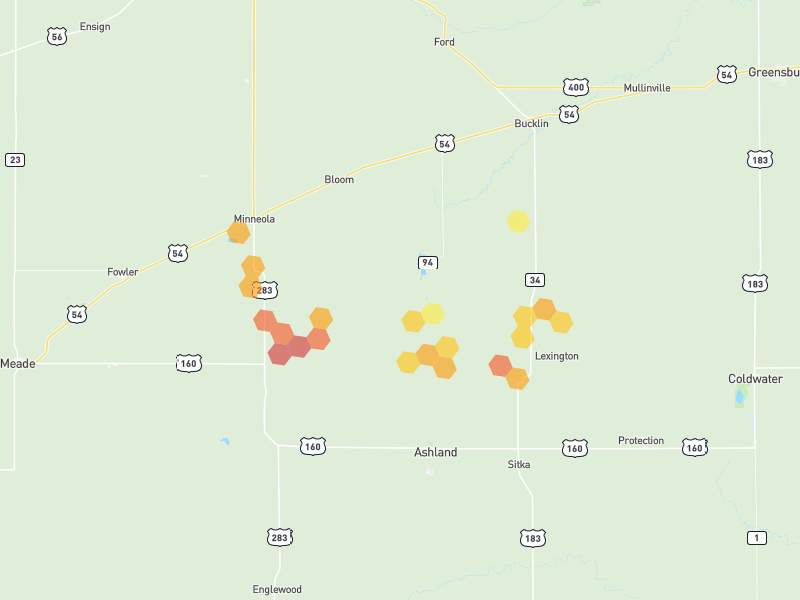 Hail map of Minneola, KS on Jun 2, 2026, hail up to 2.25"
