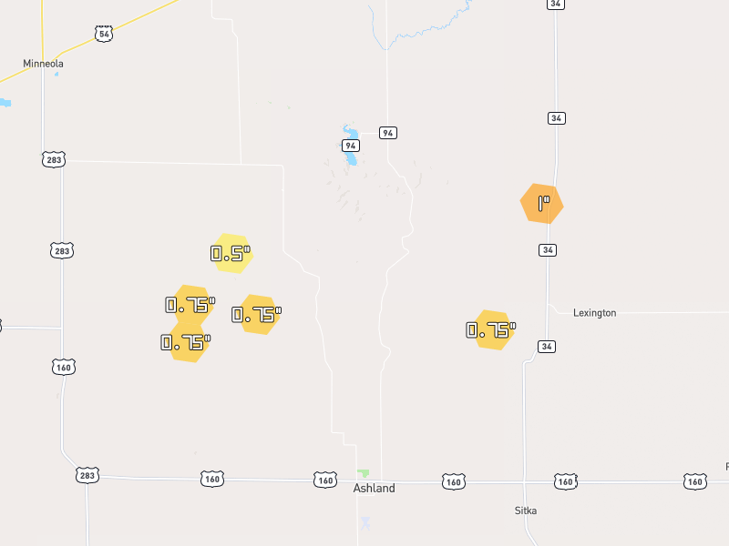 Hail map of Minneola, KS on Jun 3, 2026, hail up to 1"
