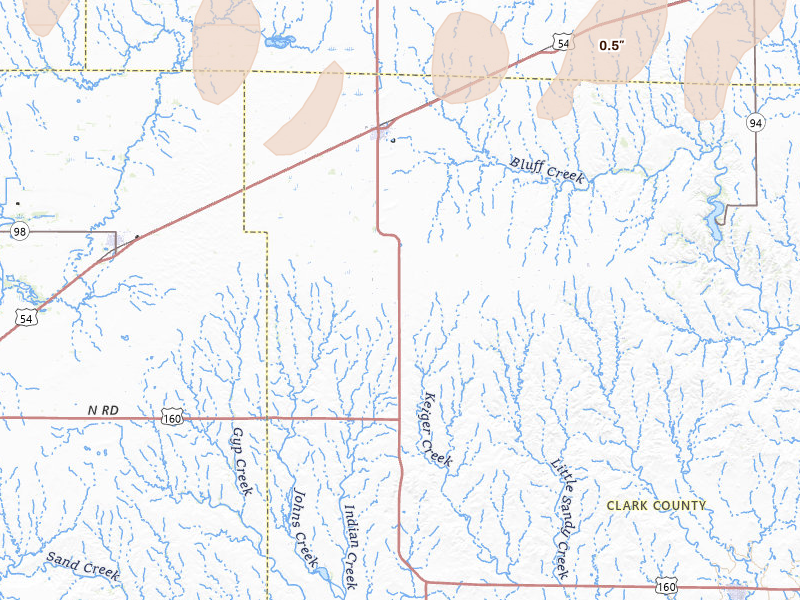 Radar-estimated hail-size map of the storm over Minneola, KS on Jun 9, 2026
