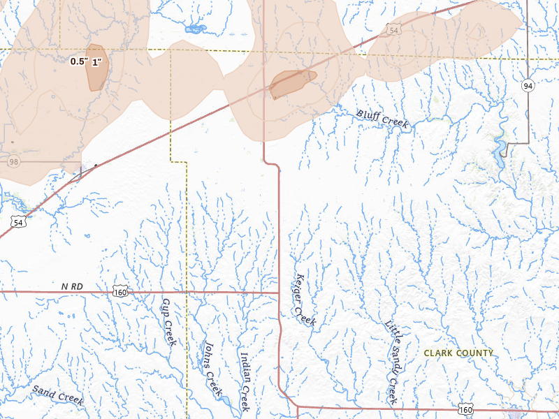 Radar-estimated hail-size map of the storm over Minneola, KS on Jun 26, 2026