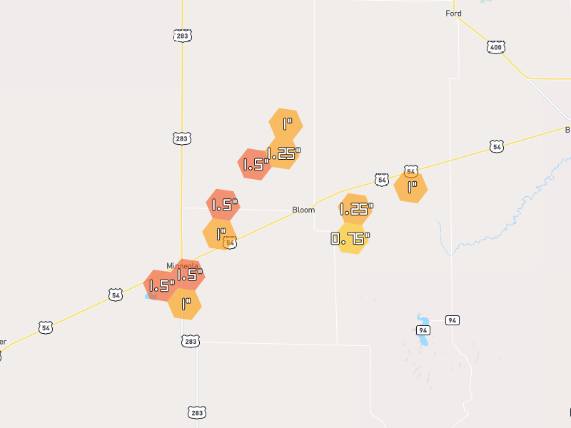 Hail map of Minneola, KS on Jun 27, 2026, hail up to 1.5"