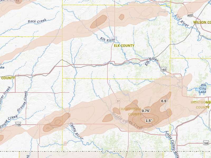 Radar-estimated hail-size map of the storm over Moline, KS on Apr 3, 2026