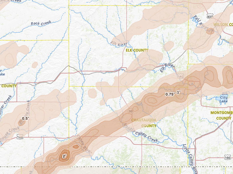 Radar-estimated hail-size map of the storm over Moline, KS on Apr 17, 2026