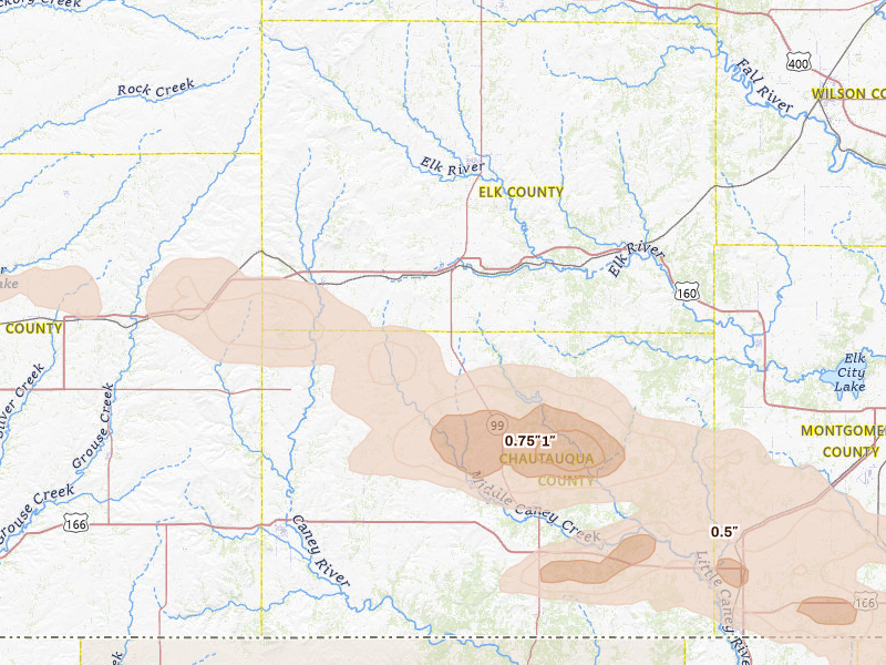 Radar-estimated hail-size map of the storm over Moline, KS on Apr 25, 2026