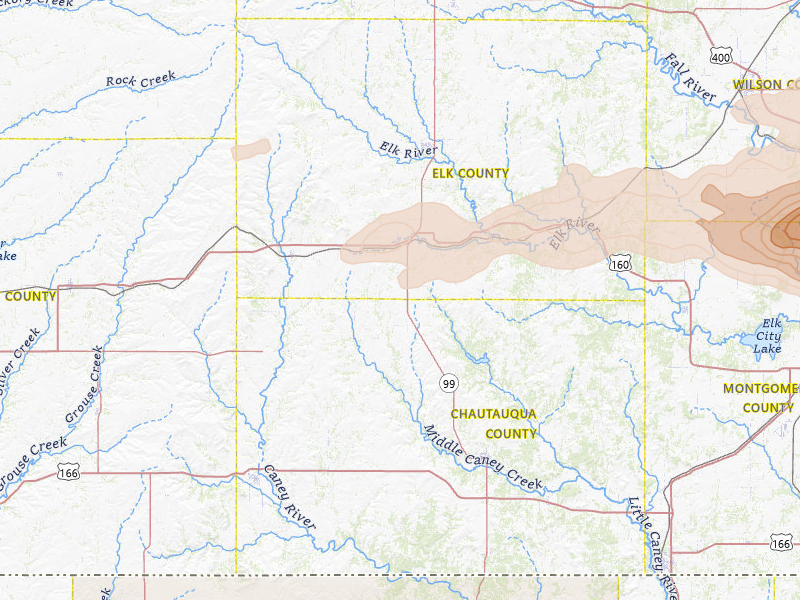 Radar-estimated hail-size map of the storm over Moline, KS on Apr 26, 2026