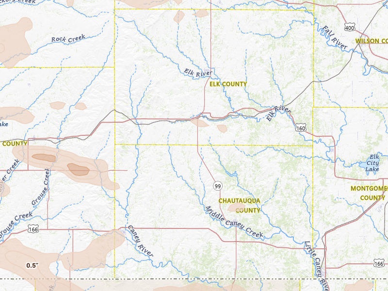 Radar-estimated hail-size map of the storm over Moline, KS on Jun 18, 2026