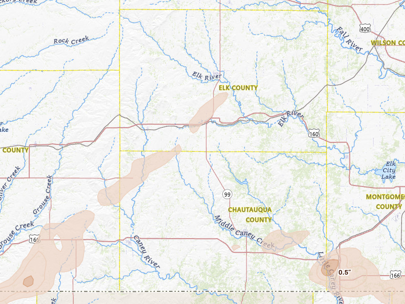 Radar-estimated hail-size map of the storm over Moline, KS on Jun 26, 2026