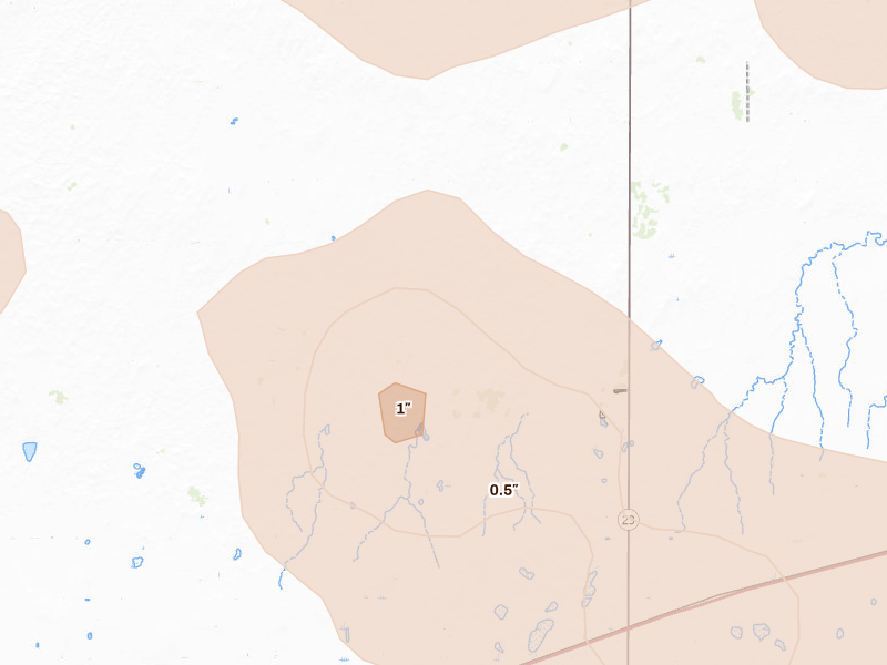 Radar-estimated hail-size map of the storm over Montezuma, KS on Jun 1, 2026