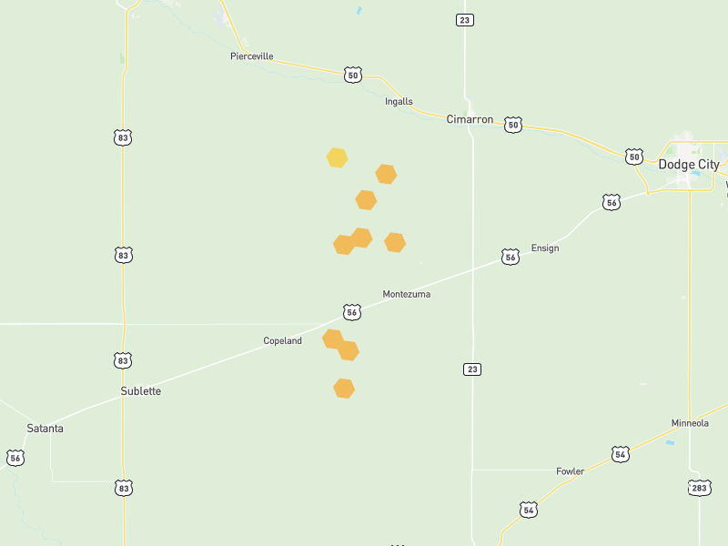 Hail map of Montezuma, KS on Jun 9, 2026, hail up to 1.25"
