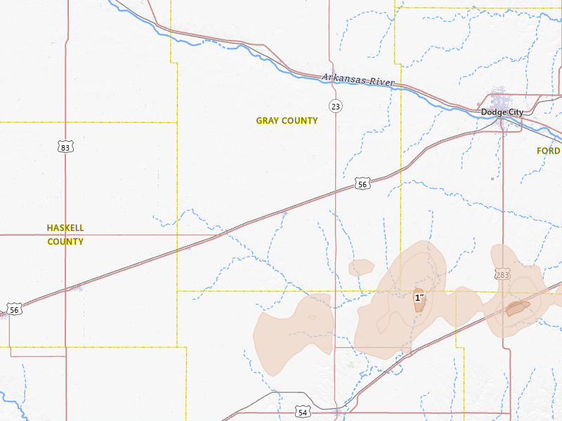 Radar-estimated hail-size map of the storm over Montezuma, KS on Jun 26, 2026