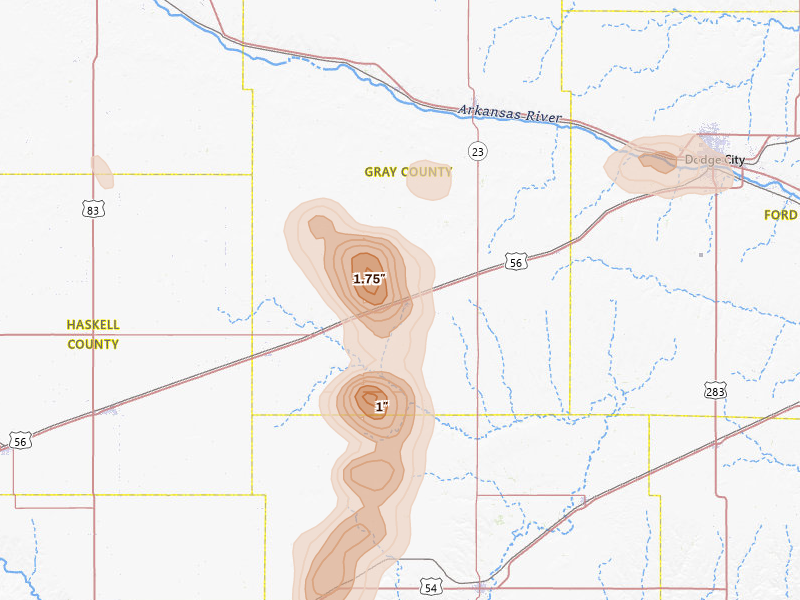 Radar-estimated hail-size map of the storm over Montezuma, KS on Aug 6, 2026