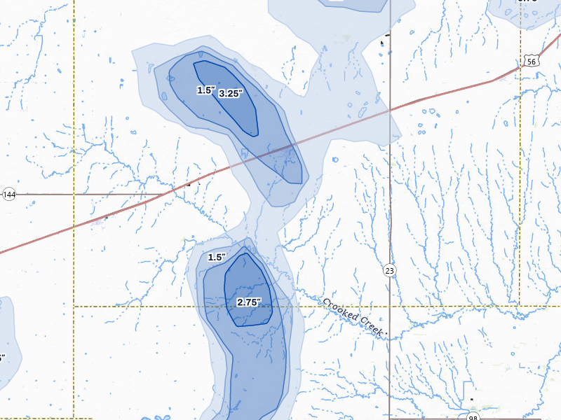 NEXRAD radar-signature map of the hail storm over Montezuma, KS on Aug 6, 2026