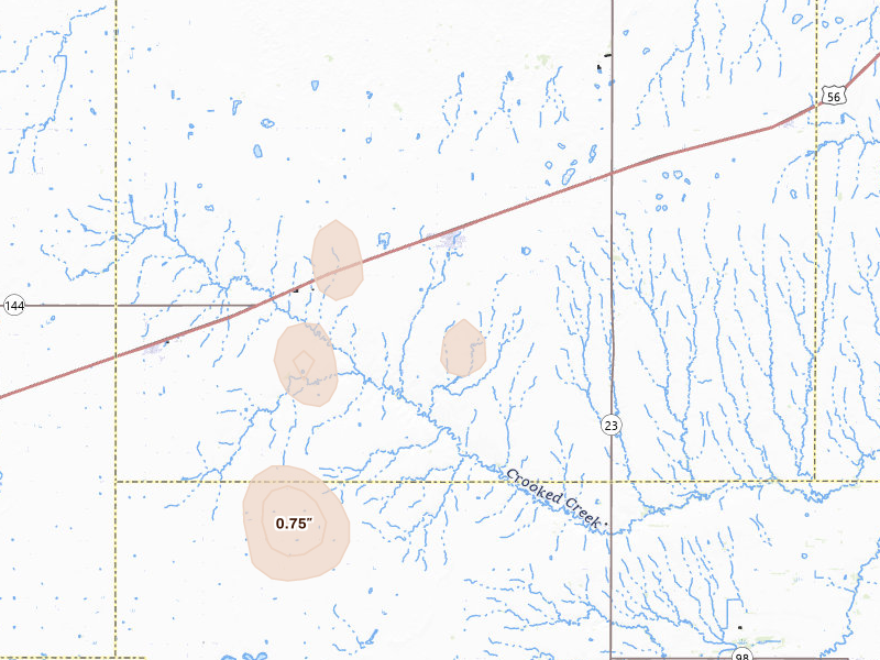 Radar-estimated hail-size map of the storm over Montezuma, KS on Aug 26, 2026