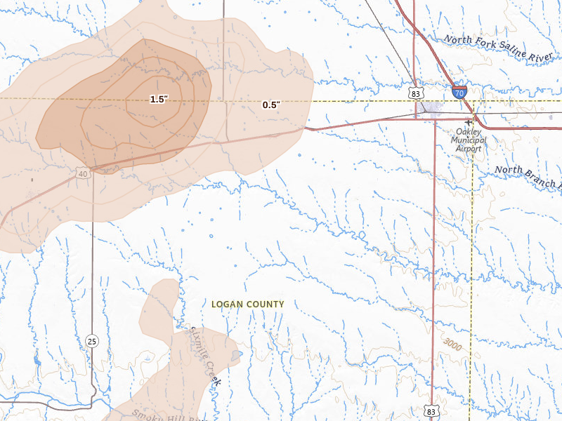 Radar-estimated hail-size map of the storm over Monument, KS on Jun 1, 2026