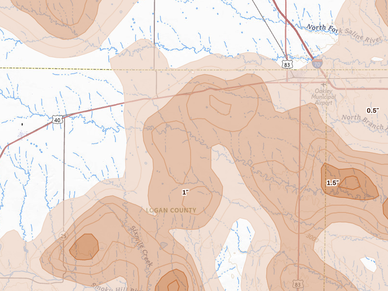 Radar-estimated hail-size map of the storm over Monument, KS on Jun 20, 2026