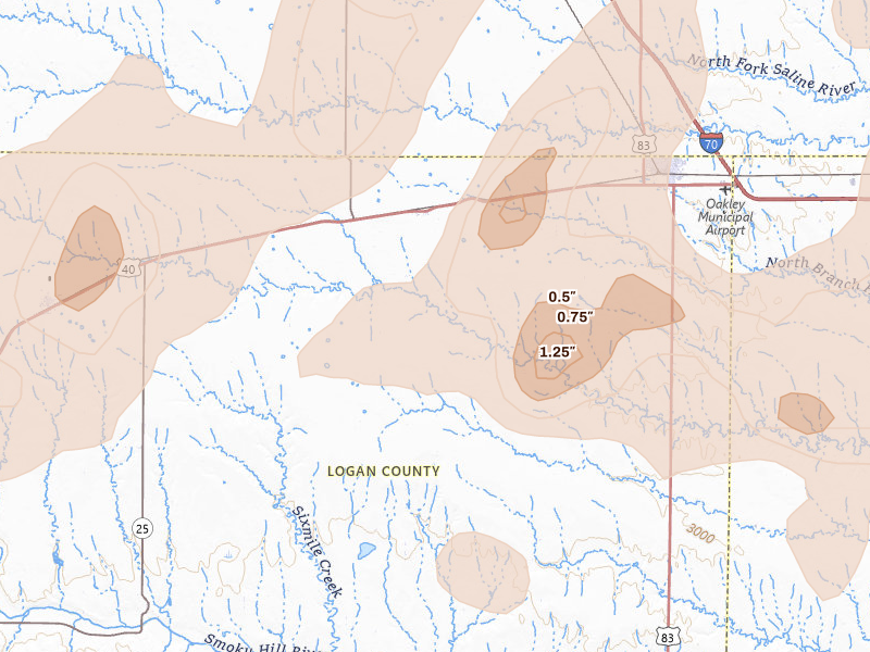 Radar-estimated hail-size map of the storm over Monument, KS on Jun 30, 2026