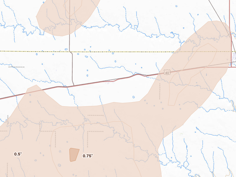 Radar-estimated hail-size map of the storm over Monument, KS on Jul 3, 2026