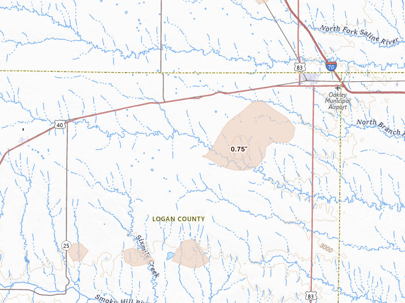 Radar-estimated hail-size map of the storm over Monument, KS on Jul 9, 2026