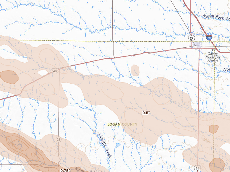 Radar-estimated hail-size map of the storm over Monument, KS on Aug 19, 2026