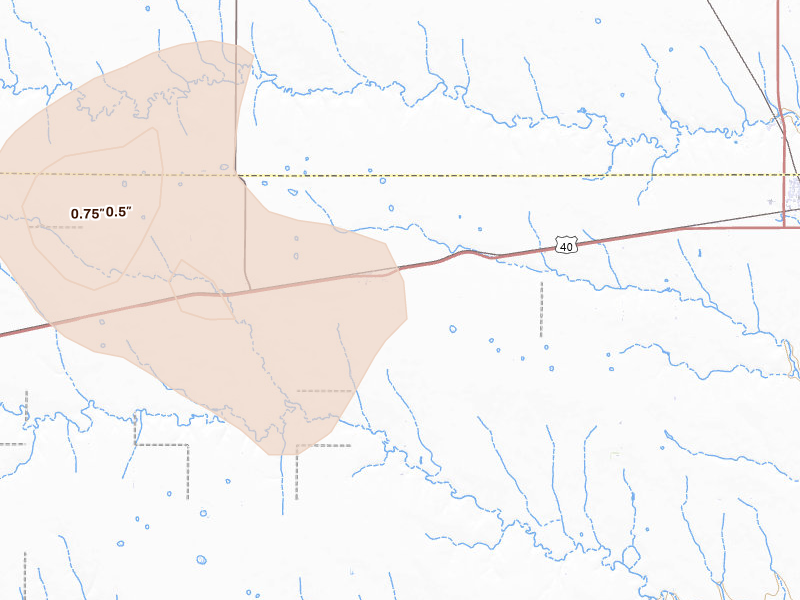 Radar-estimated hail-size map of the storm over Monument, KS on Aug 21, 2026