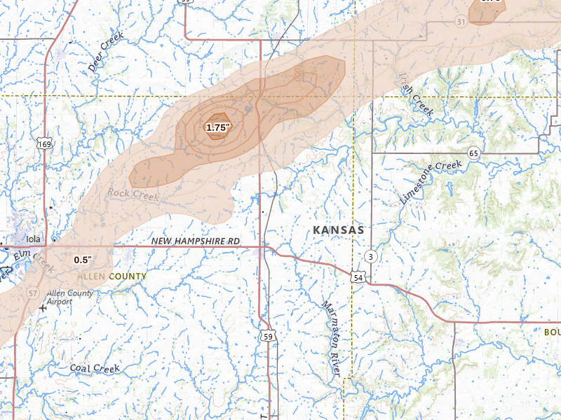 Radar-estimated hail-size map of the storm over Moran, KS on Apr 13, 2026