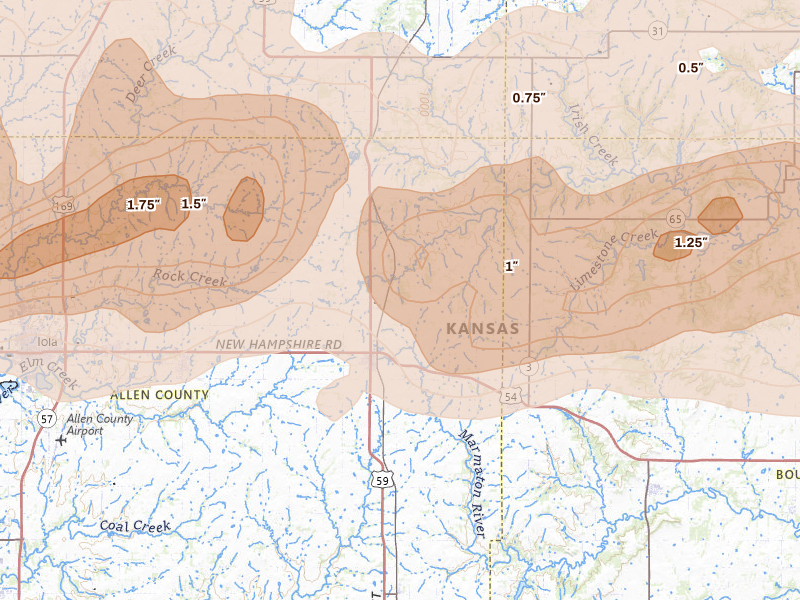 Radar-estimated hail-size map of the storm over Moran, KS on Apr 26, 2026