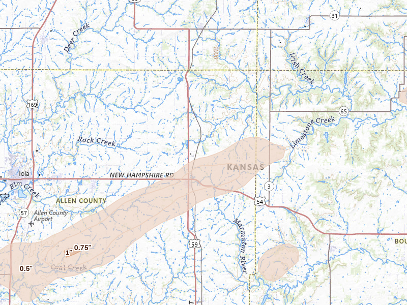 Radar-estimated hail-size map of the storm over Moran, KS on Apr 27, 2026