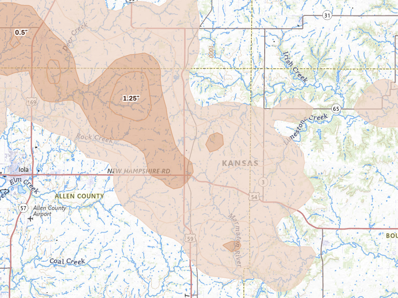 Radar-estimated hail-size map of the storm over Moran, KS on May 31, 2026