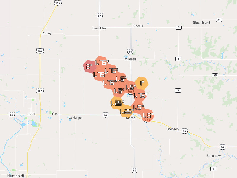 Hail map of Moran, KS on Jun 1, 2026, hail up to 2"