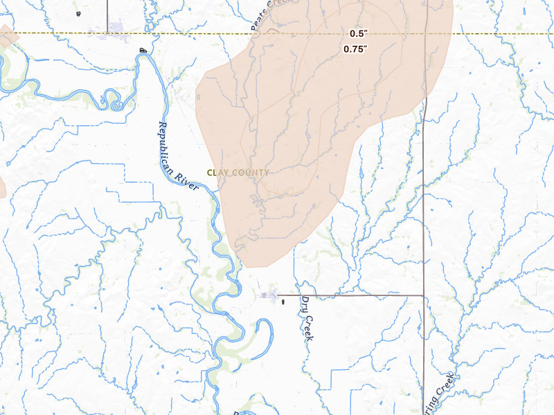 Radar-estimated hail-size map of the storm over Morganville, KS on May 17, 2026
