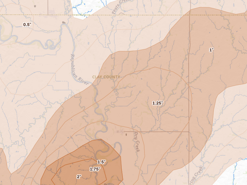 Radar-estimated hail-size map of the storm over Morganville, KS on May 18, 2026