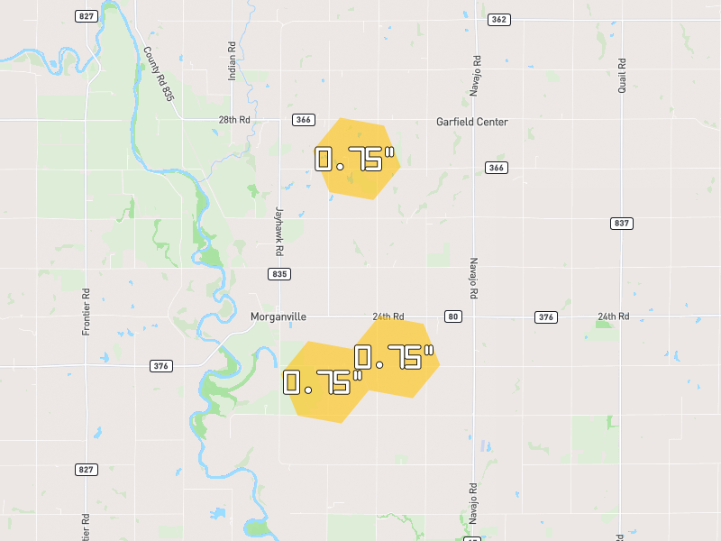 Hail map of Morganville, KS on Jun 4, 2026, hail up to 0.75"