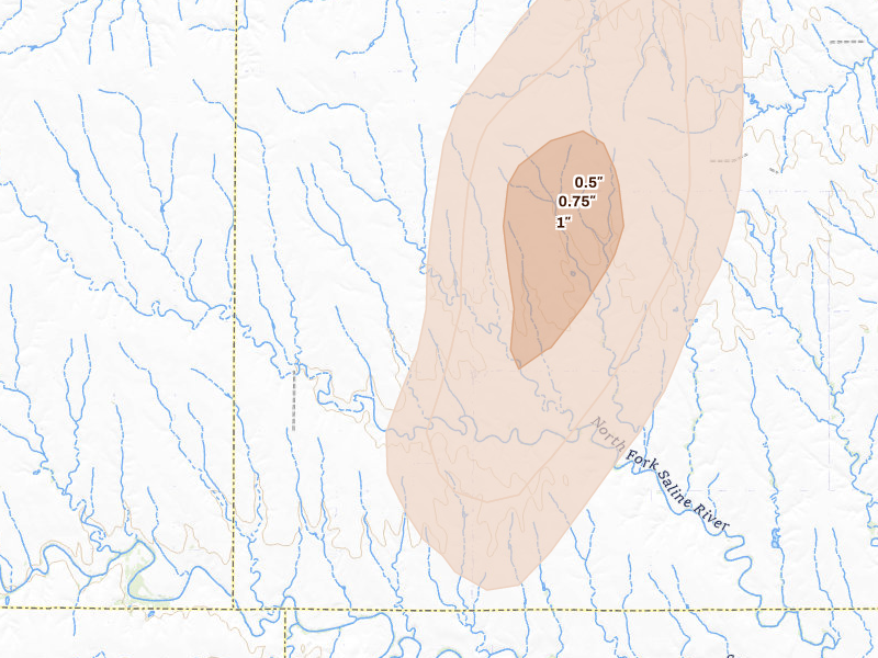 Radar-estimated hail-size map of the storm over Morland, KS on May 30, 2026