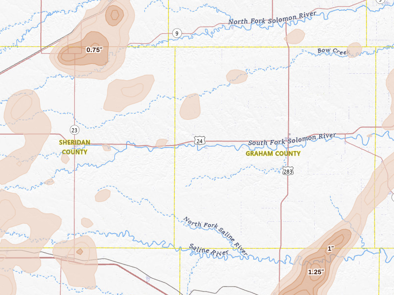 Radar-estimated hail-size map of the storm over Morland, KS on Aug 13, 2026