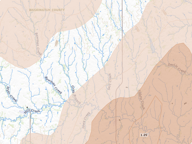 Radar-estimated hail-size map of the storm over Morrowville, KS on May 17, 2026