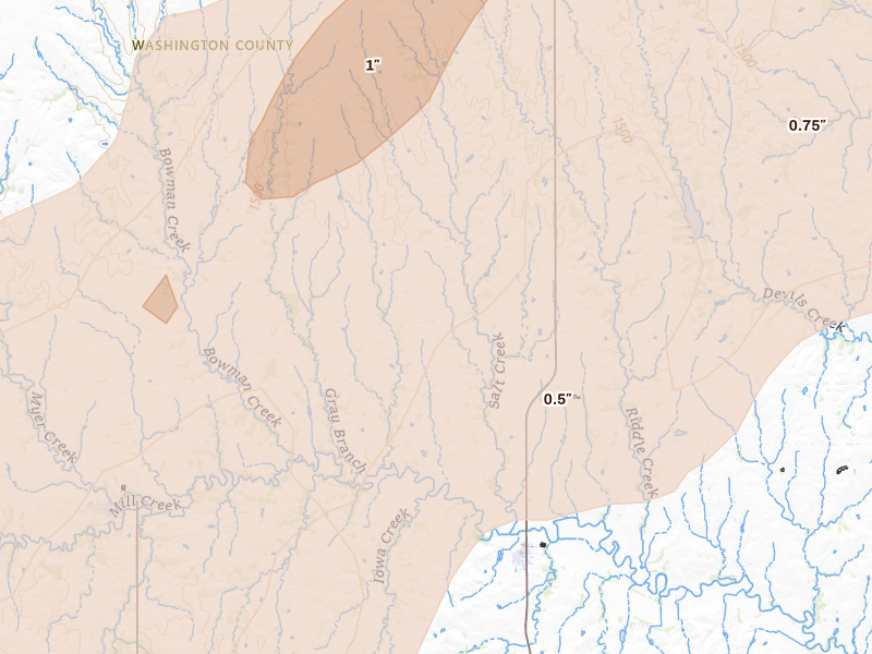 Radar-estimated hail-size map of the storm over Morrowville, KS on May 18, 2026