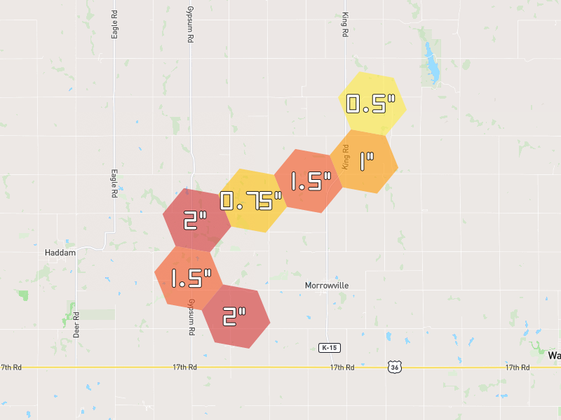 Hail map of Morrowville, KS on Jun 4, 2026, hail up to 2"